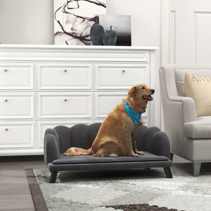 English Elm PawHut Velvet Dog Couch with Pearl Back, Removable Foam Cushion, Birch Legs, Spacious 38.75" W W2225P200486