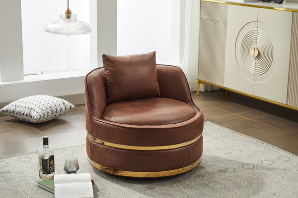 English Elm Swivel Velvet Accent Chair Brown — 360° Padded Barrel Club Chair with Stainless Steel Base, Cozy Durable W2915P234014
