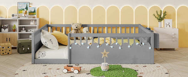 English Elm Full Montessori floor bed offering high rails, built-in light and shelf for safe independent sleep and storage Grey 79.13 L x 13 W x 6.3 H W2593P333796