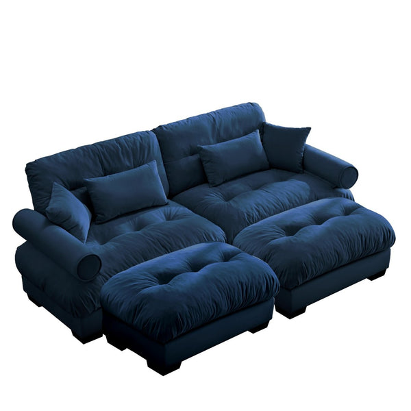 English Elm Over Size Velvet Two-Seater Sofa With Ottoman - Plush Comfort, Bolster Armrests & Pillows In Blue W714S01115-GIGA