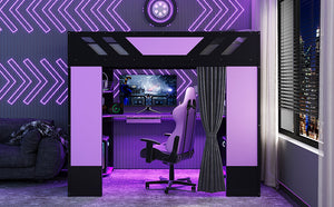 English Elm Full Size Loft Bed with Desk Blackout Curtains Rgb Lighting and Integrated Storage Purple+Black LT000377AAI