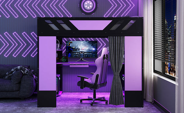 English Elm Full Size Loft Bed with Desk Blackout Curtains Rgb Lighting and Integrated Storage Purple+Black LT000377AAI