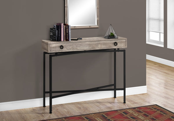 English Elm Accent Table Rustic Wood-Look End Table with Black Metal X Base, Nightstand with Drawer for Living Room taupe 52 L x 15 W x 6 H B2710P219291