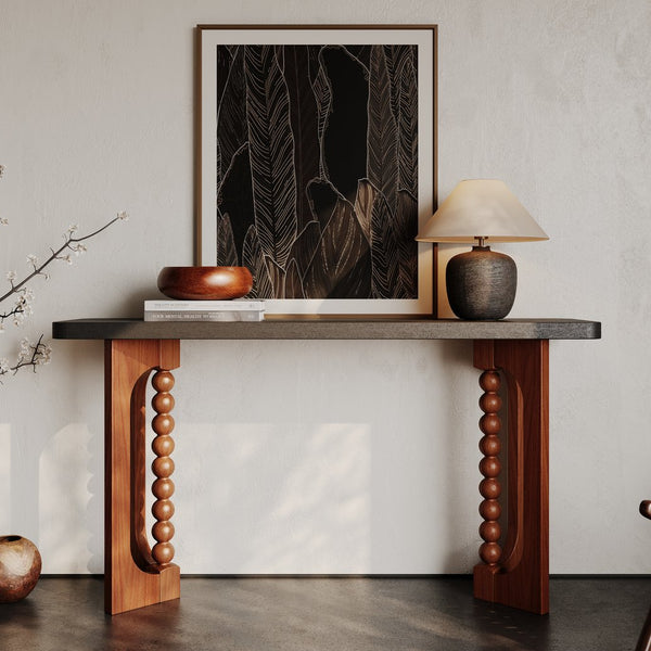 English Elm 59'' Farmhouse Wood Console Table Sculptural Beaded Base Sofa Entryway Accent W2263P426704