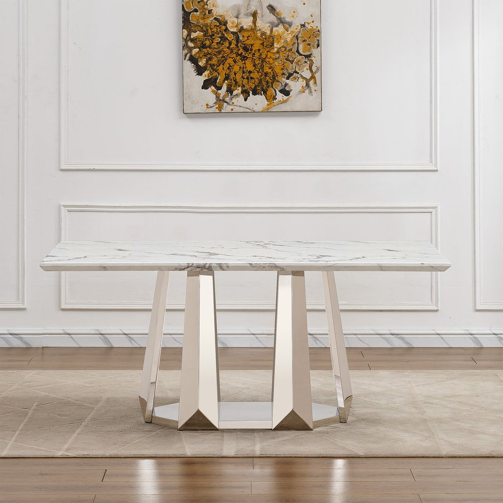 English Elm Marble Dining Table For 6 – Modern Rectangular Faux Marble Top With Sleek Stainless Steel Base W3456S00014