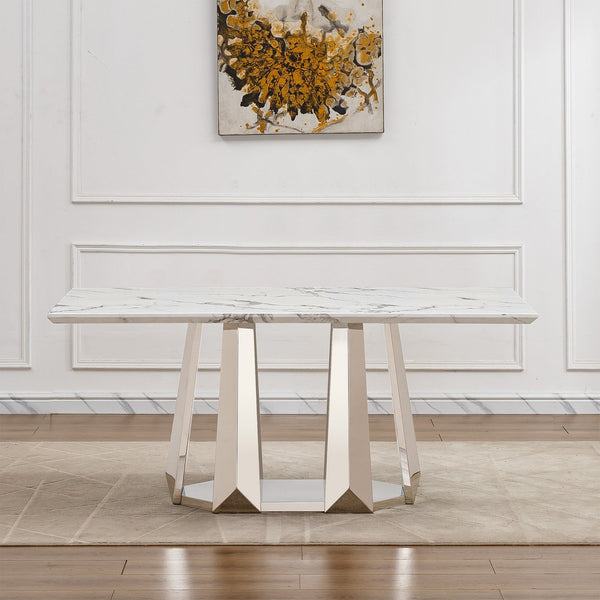 English Elm Marble Dining Table For 6 – Modern Rectangular Faux Marble Top With Sleek Stainless Steel Base W3456S00014