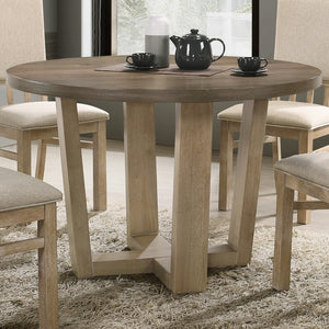 English Elm Baldo Round Oak Veneer Dining Set Seats Four with Wheat Upholstered Farmhouse Chairs B2749S00283