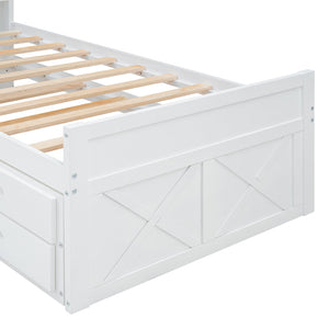 English Elm Twin Storage Bed with Headboard Outlets, Extendable Trundle & 3 Drawers, Durable MDF/Plywood Design White 80.5 L x 17.75 W x 5.25 H N733S172839K