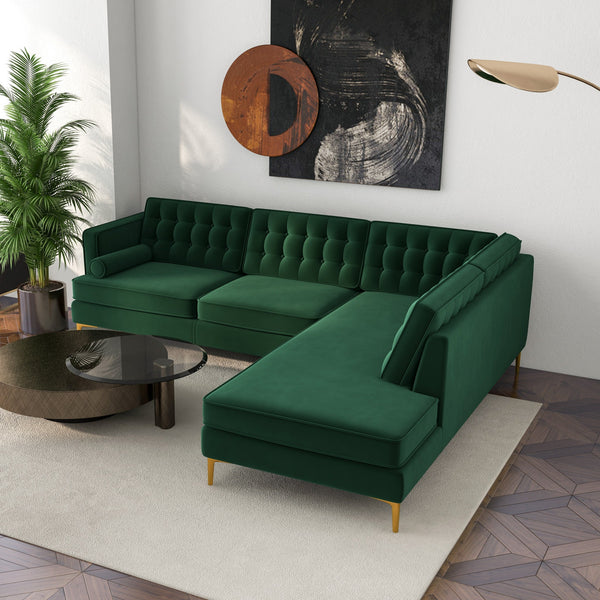 English Elm Brooke Velvet Sectional with Chaise Button Tufted Mid Century Modern Living Room Sofa B183S00015