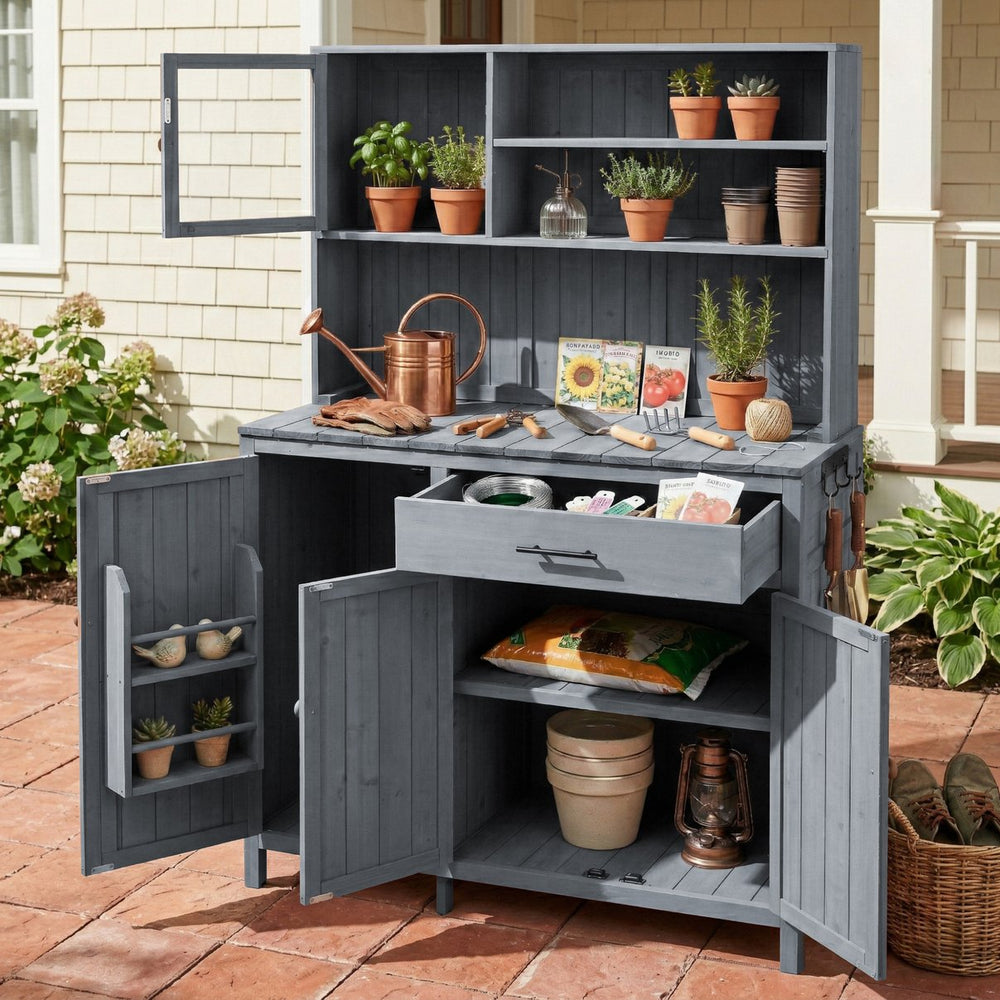 English Elm (with Hutch) Topamx Solid Fir Potting Bench Patio Workstation Spice Rack Drawer Gray N717P404330E