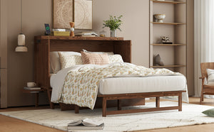 English Elm Queen Murphy Cabinet Bed Solid Pine Build with Usb Charging and Fold Out Desktop Walnut W504S00169