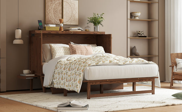 English Elm Queen Murphy Cabinet Bed Solid Pine Build with Usb Charging and Fold Out Desktop Walnut W504S00169