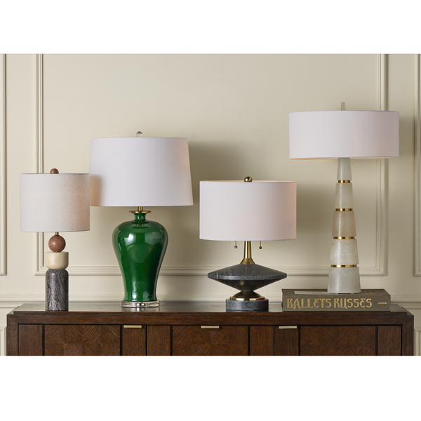 Jebel Table Lamp - Mid-Century Modern Design with Turned Stone, Warm Brass Accents & Beige Shade