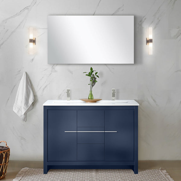 English Elm Navy Blue Double Bath Vanity 48" W With White Quartz Top, Brushed Nickel Faucet & Full Mirror B2731S01702