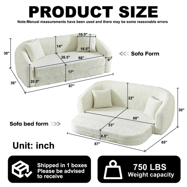 English Elm 87-inch Curved Chenille Convertible Sofa Recliner Bed with Pull-out Base for Living Room Beige W3505P452804