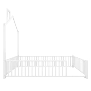 English Elm Twin House Metal Platform Bed with Guardrail & Chimney, White — Kids Playful Frame, Safe Sleep Design N709P203151K