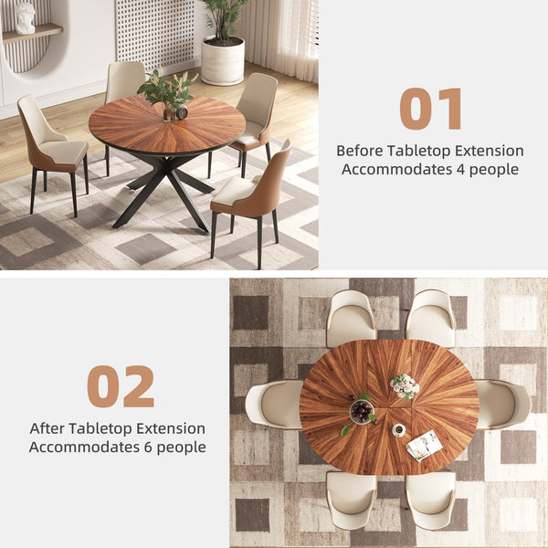 English Elm 47.2"-63" Extendable Round Dining Table Solid Wood Parquet Top Seats Six Walnut W3587S00002