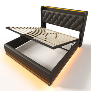 English Elm Queen Upholstered Bed with Surround LED, App/Remote Control, Hydraulic Storage, USB Type-C Charging Black N736P188807B