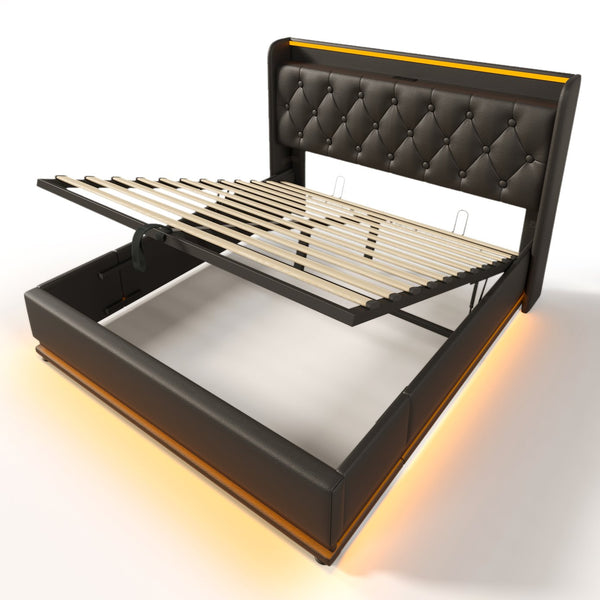English Elm Queen Upholstered Bed with Surround LED, App/Remote Control, Hydraulic Storage, USB Type-C Charging Black N736P188807B