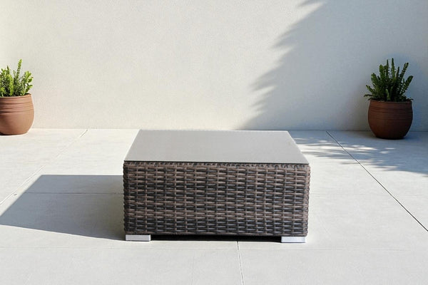 English Elm Minnesota Outdoor Coffee Table 28" Square Brown Wicker with Tempered Glass Top, Rustproof, No Assembly B120P233879