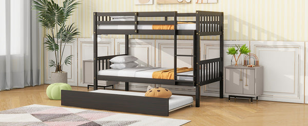 English Elm Twin Over Twin Rubberwood Bunk Bed With Trundle - Space-Saving Design, Espresso Finish, Safety Features W504S00158-GIGA