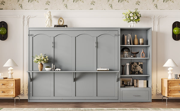 English Elm Queen Murphy Bed with Built-In Shelves, Height-Adjustable Storage & Drawer for Small Spaces Gray 71.6 L x 21.5 W x 6.1 H N733S309223E