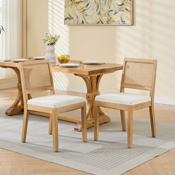 English Elm Farmhouse Rattan Dining Chairs Set of 2 with Linen Upholstery, Cane Back & Solid Wood Frame, Comfortable Beige W1143P332689
