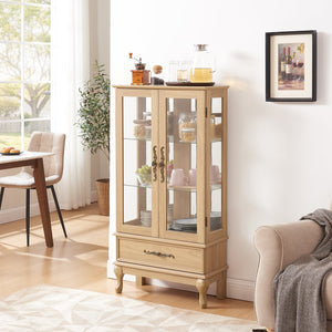 English Elm Curio Lighted Glass Display Cabinet with Adjustable Shelves, Vintage Drawer & Carved Metal Handle, Dark Finish Light Oak W2275P199814
