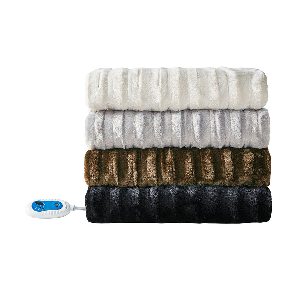 JLA Home Beautyrest - Faux Fur Heated Throw Oversized Plush Electric Blanket with Low-EMF Secure Comfort Heating, OEKO-TEX Certified Ivory BR50-0751