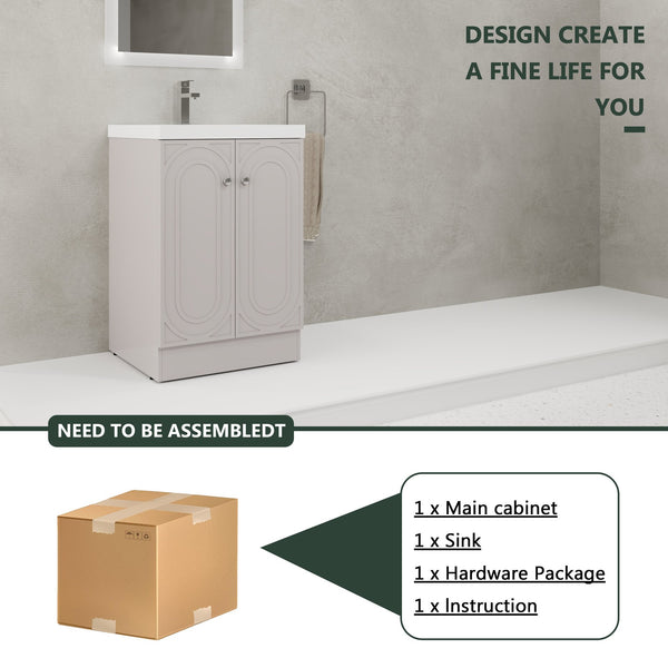 English Elm 24" Freestanding Bathroom Vanity with White Resin Sink, Soft-Close Doors, Adjustable Shelf, Durable Plywood Finish khaki W999S00334