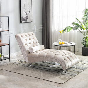 English Elm Velvet Curved Chaise Lounge Sofa with Button-Tufted Back, Thick Foam Cushion & Acrylic Legs for Living Room Comfort Beige W39538682