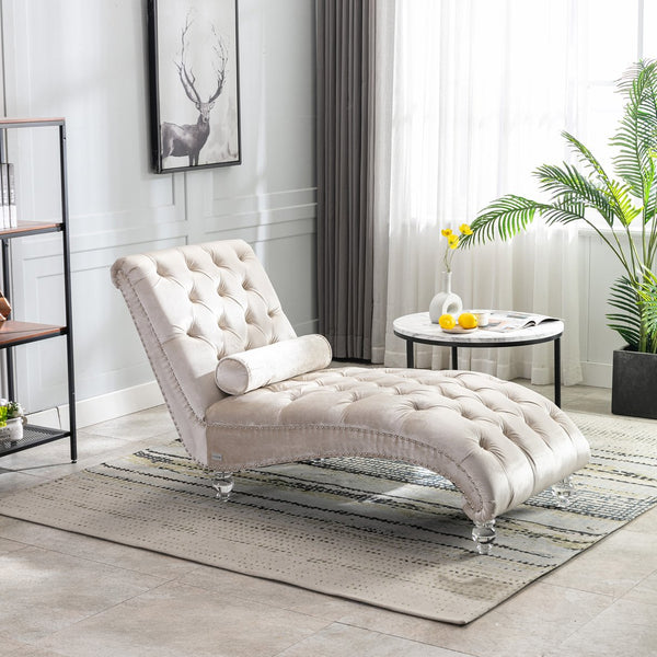 English Elm Velvet Curved Chaise Lounge Sofa with Button-Tufted Upholstery, Plush Foam Seat and Acrylic Legs Beige W39538682