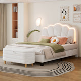 Full Size Flower-Shaped Upholstered LED Platform Bed Set with Storage Ottoman, White - 2 Pieces