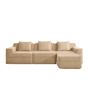 English Elm Modular 3-Seat L-Shape Sectional Sofa, Cloud Comfort In Soft Camel Corduroy With Movable Ottoman & Pillows W3041S00318