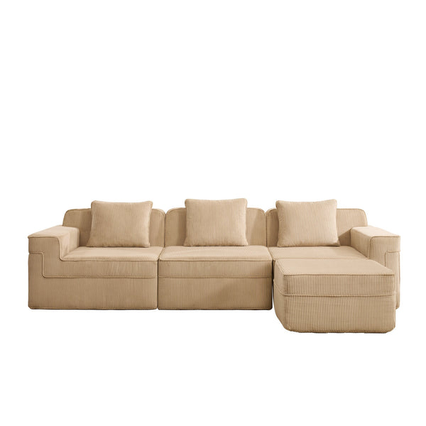 English Elm Modular 3-Seat L-Shape Sectional Sofa, Cloud Comfort In Soft Camel Corduroy With Movable Ottoman & Pillows W3041S00318