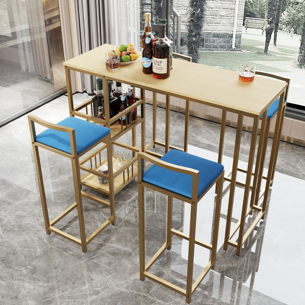 English Elm Bar Table and Four Cushioned Chairs Gold Iron Frame with Built-in Shelf Coastal Style W3064P245382