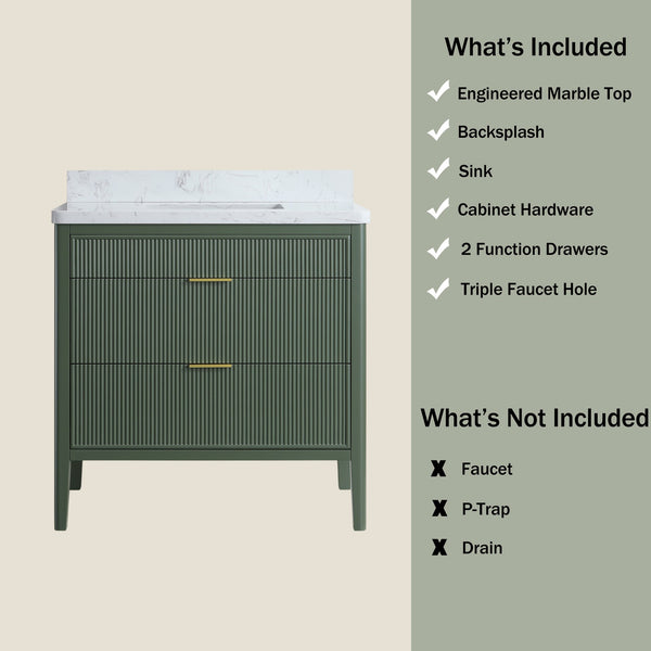 English Elm Fully Assembled 36" Green Bathroom Vanity With Solid Wood, Carrara Marble Top & Soft-Close Features W1826P308980