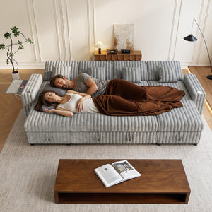 English Elm U Shaped Sectional Sleeper Sofa Corduroy Upholstered Pull Out Bed with Storage Chaise Gray W1825S00031