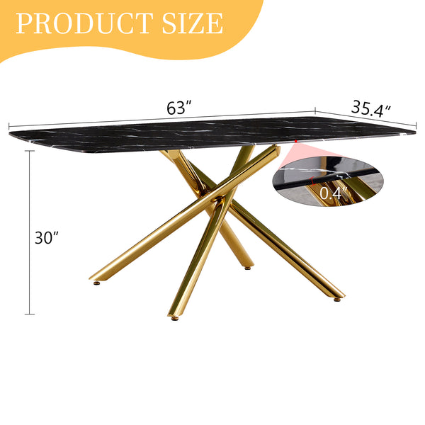 English Elm 63"x35.4" Luxurious Marble-Patterned Tempered Glass Dining Table with Gold Fork Legs, Scratch-Resistant Elegance Black+Gold W1151S03298