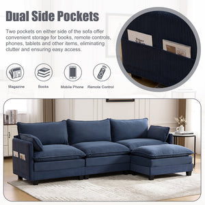 English Elm United We Win Modular Corduroy Sectional with Ottoman Low Profile Living Room Couch Navy W1568S00261