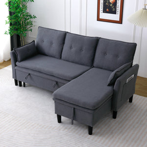 English Elm L-Shaped Reversible Chaise Sectional Sofa with Storage and Fold-Out Bed Cotton-Linen Modern Design DARK GREY W3371S00025
