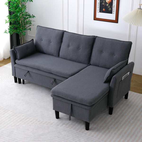 English Elm L-Shaped Reversible Chaise Sectional Sofa with Storage and Fold-Out Bed Cotton-Linen Modern Design DARK GREY W3371S00025