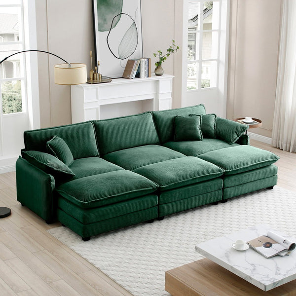 English Elm Oversized Modular Cushioned Sofa With 3 Ottomans - Transformable Sleeper & Stylish Green Corduroy W714S00739-GIGA