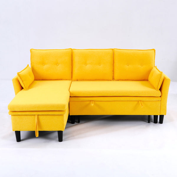 English Elm L-Shaped Reversible Chaise Sectional Sofa with Storage and Fold-Out Bed Cotton-Linen Modern Design Yellow W3371S00027