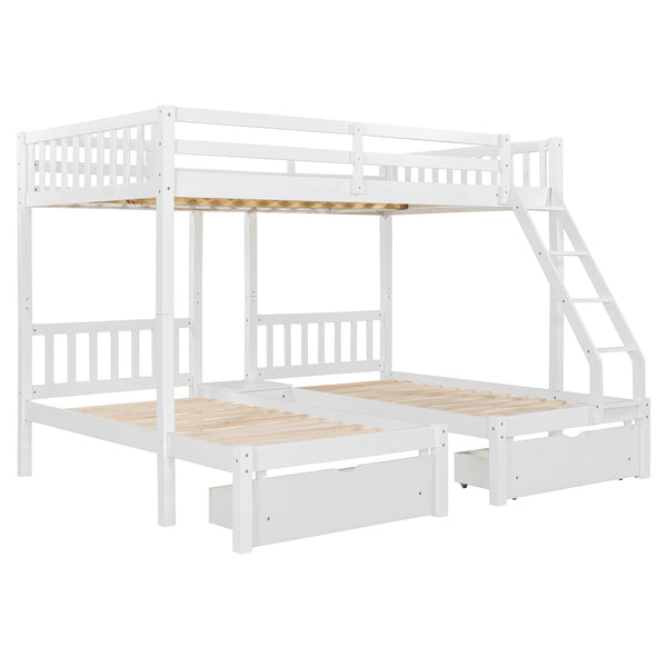 English Elm Full Over Twin Triple Bunk Bed Pine Wood Frame with Storage Drawers and Guardrails LT000343AAK-1
