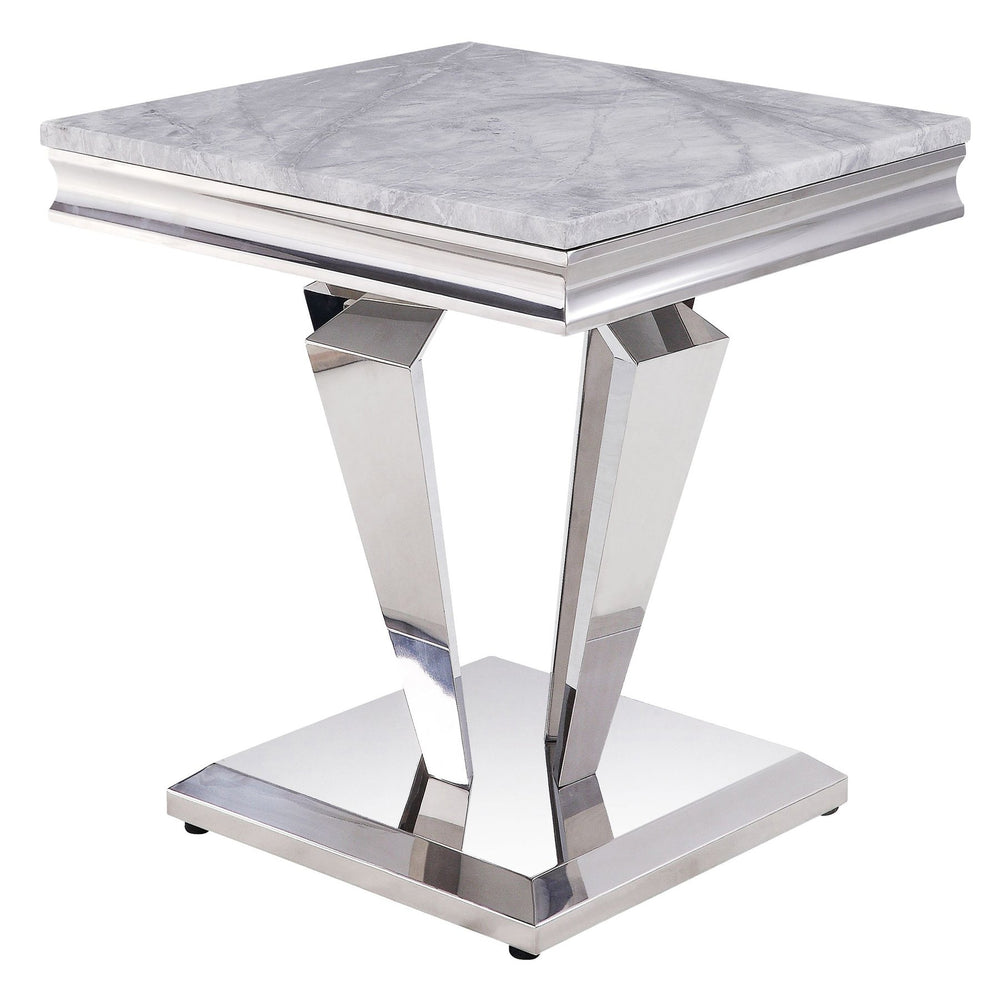 English Elm Light Light Grey and Silver End Table Cultured Marble Top Stainless Steel Frame Modern Luxe Centerpiece B062S00458