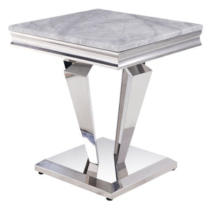 English Elm Light Light Grey and Silver End Table Cultured Marble Top Stainless Steel Frame Modern Luxe Centerpiece B062S00458