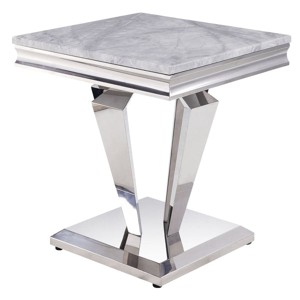 English Elm Light Light Grey and Silver End Table Cultured Marble Top Stainless Steel Frame Modern Luxe Centerpiece B062S00458