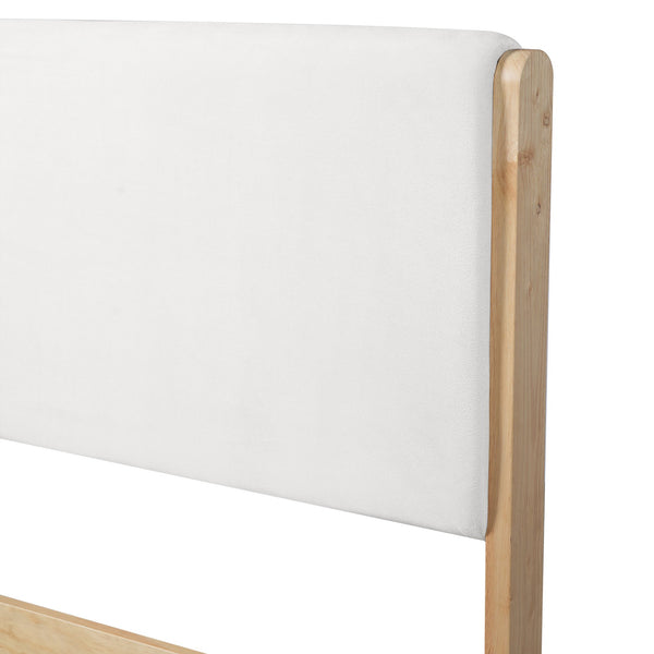 English Elm Queen Platform Bed Natural Wood Frame Beige Upholstered Headboard Low Profile N758Q909899N