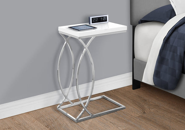 English Elm Accent C-Shaped Side Table with Glossy Laminate Top and Chrome Frame — Versatile Snack & End Surface White 26 L x 13 W x 6 H B2710P219214